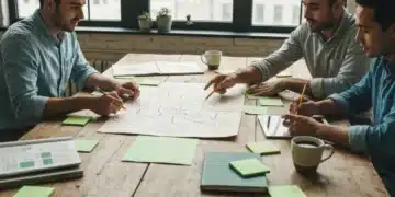 Diverse individuals collaborating around a wooden table, brainstorming with mind maps and green sticky notes under soft natural light, illustrating idea generation.