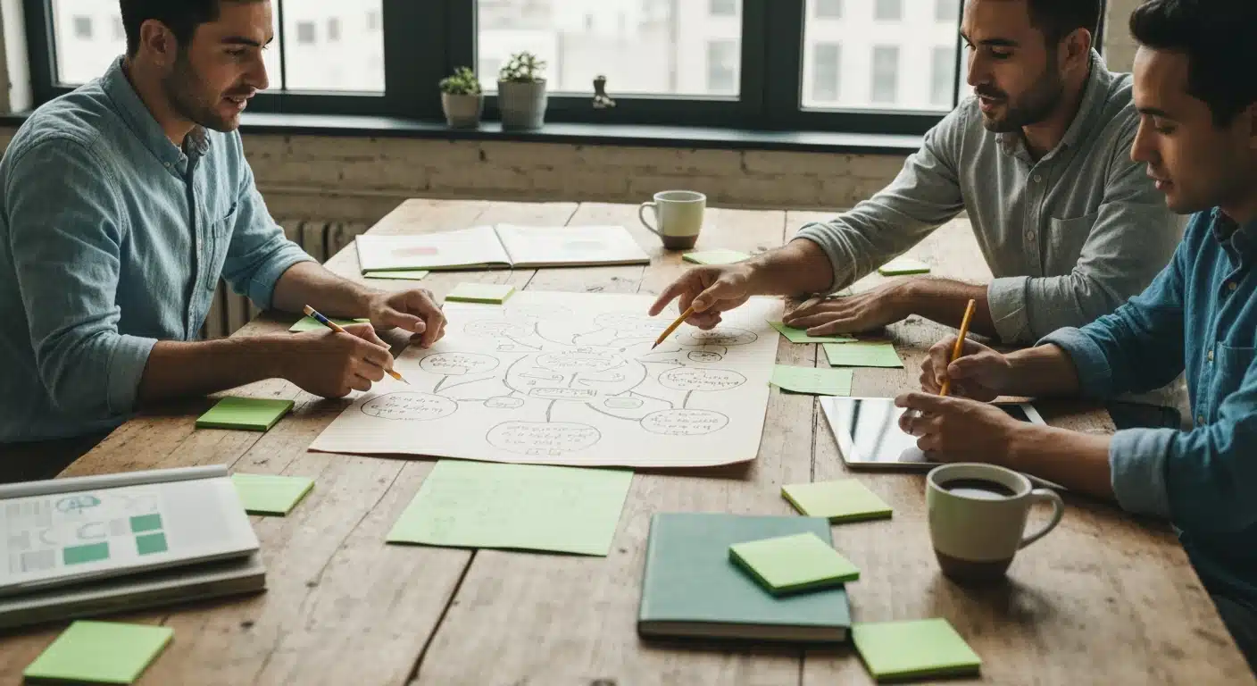 Diverse individuals collaborating around a wooden table, brainstorming with mind maps and green sticky notes under soft natural light, illustrating idea generation.