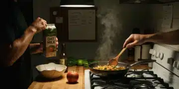 Close-up of hands preparing an improvised meal in a dimly lit kitchen, symbolizing everyday creativity and adaptation.