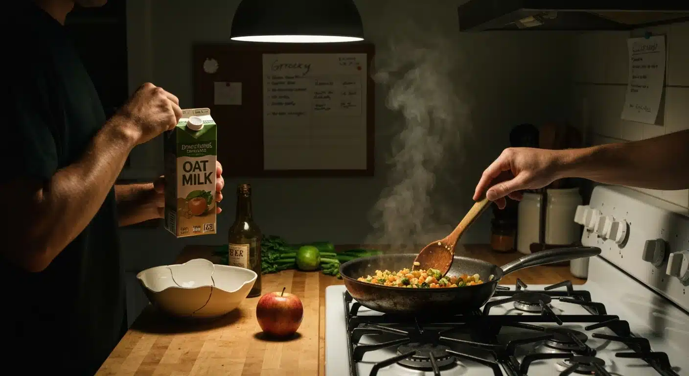 Close-up of hands preparing an improvised meal in a dimly lit kitchen, symbolizing everyday creativity and adaptation.