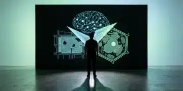 A person silhouetted against a wall with overlapping geometric projections of a neural network, architectural blueprint, and plant cell, symbolizing interdisciplinary creative idea generation.