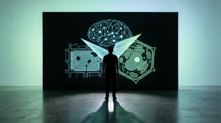 A person silhouetted against a wall with overlapping geometric projections of a neural network, architectural blueprint, and plant cell, symbolizing interdisciplinary creative idea generation.