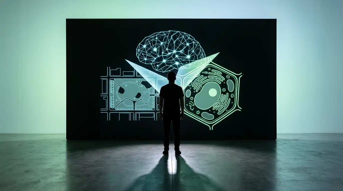 A person silhouetted against a wall with overlapping geometric projections of a neural network, architectural blueprint, and plant cell, symbolizing interdisciplinary creative idea generation.
