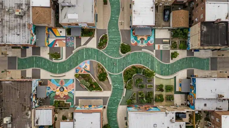 An aerial view of a dynamic urban plaza featuring a flowing green glass pathway, surrounded by geometric public art and community gardens, symbolizing the convergence of creative ideas, cultural insights, and future trends in modern living.