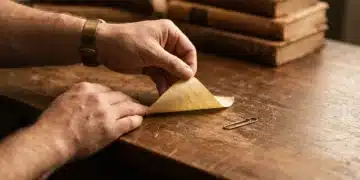 Close-up of hands peeling a vintage sticky note from a dark wood desk, next to an antique brass paperclip, illustrating the origin of everyday creative solutions.
