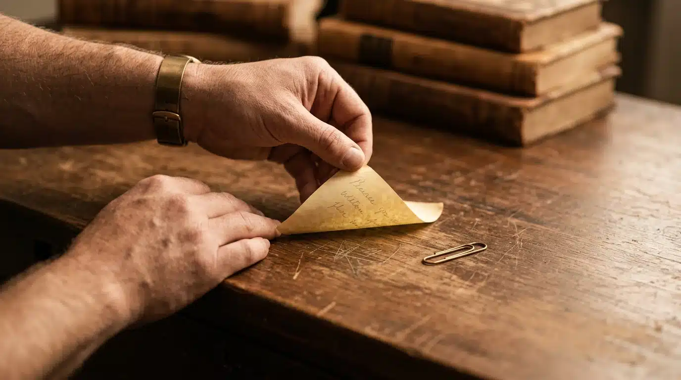 Close-up of hands peeling a vintage sticky note from a dark wood desk, next to an antique brass paperclip, illustrating the origin of everyday creative solutions.