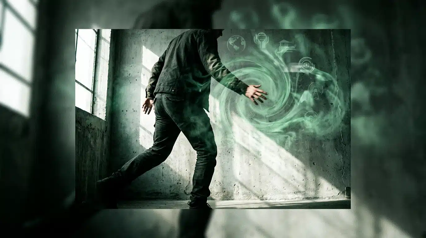 A person's hand reaching into a swirling green mist with cultural and technological projections, symbolizing the blend of creativity, culture, and future trends.