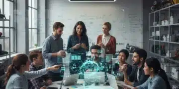 Innovators collaborating on idea incubation in a modern lab