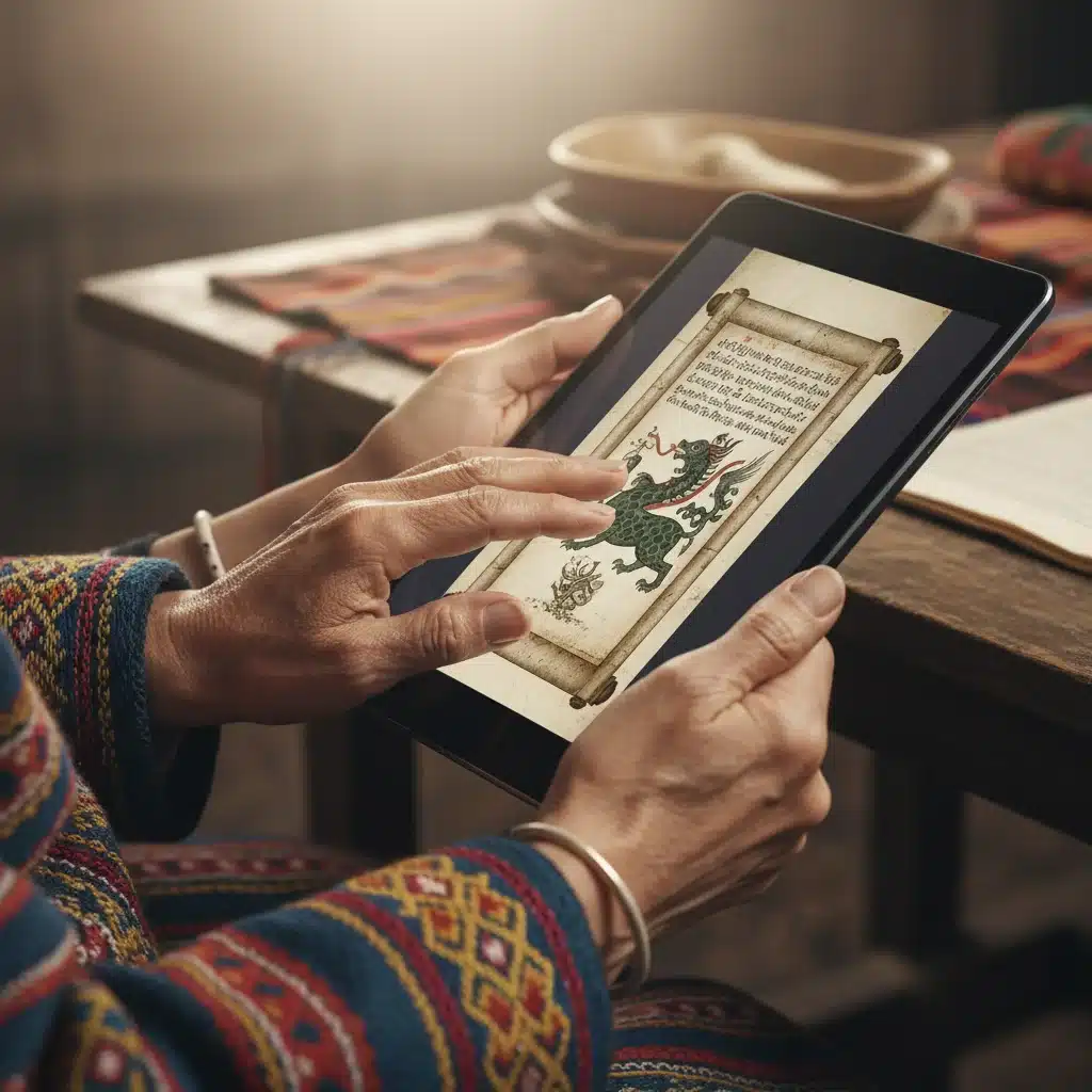Elderly and young hands connecting over a tablet displaying traditional art, representing intergenerational cultural transfer in digital media.