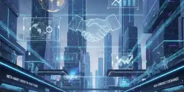 Futuristic metaverse cityscape with digital avatars and virtual businesses, symbolizing new economic opportunities.