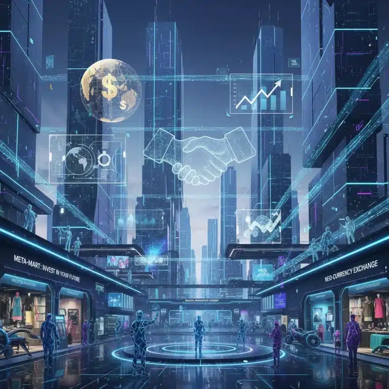 Futuristic metaverse cityscape with digital avatars and virtual businesses, symbolizing new economic opportunities.