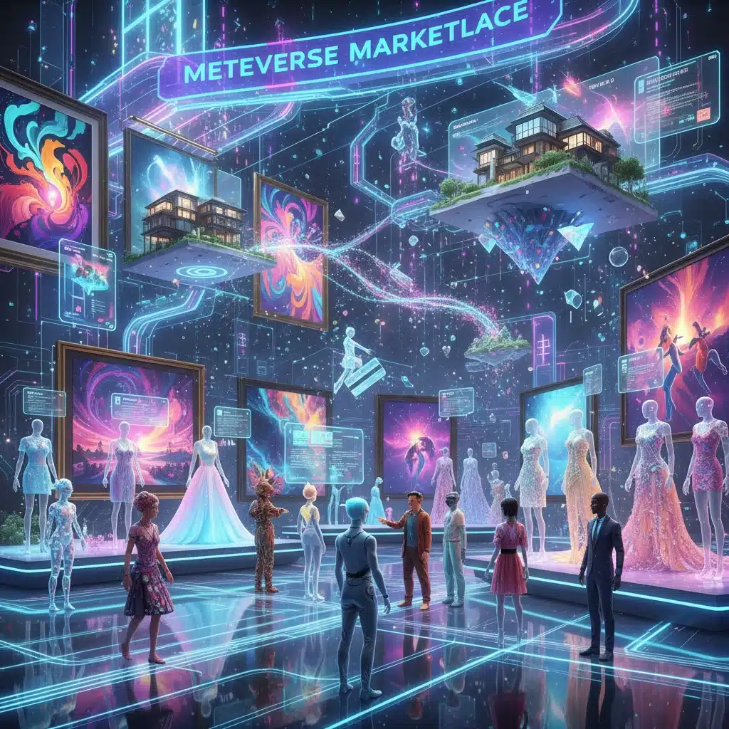 Vibrant metaverse marketplace showcasing NFTs, digital art, and virtual real estate.