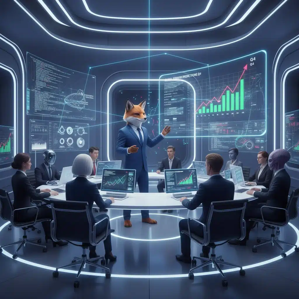 Digital avatars collaborating in a virtual meeting, demonstrating metaverse professional interactions.