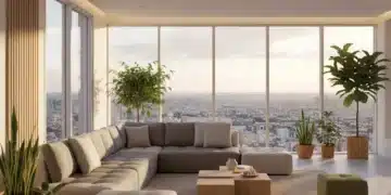 Modern modular living room with reconfigurable furniture and city view