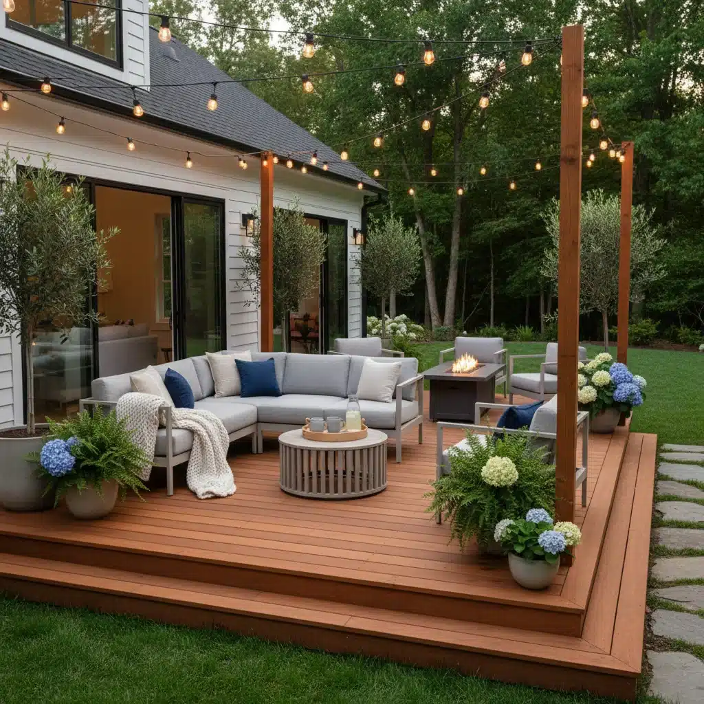 Inviting outdoor deck with modern furniture enhancing home's curb appeal and living space.