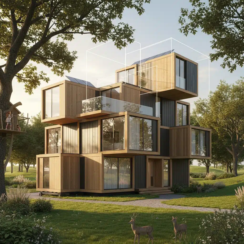 Scalable multi-story modular home rendering in a green suburban setting
