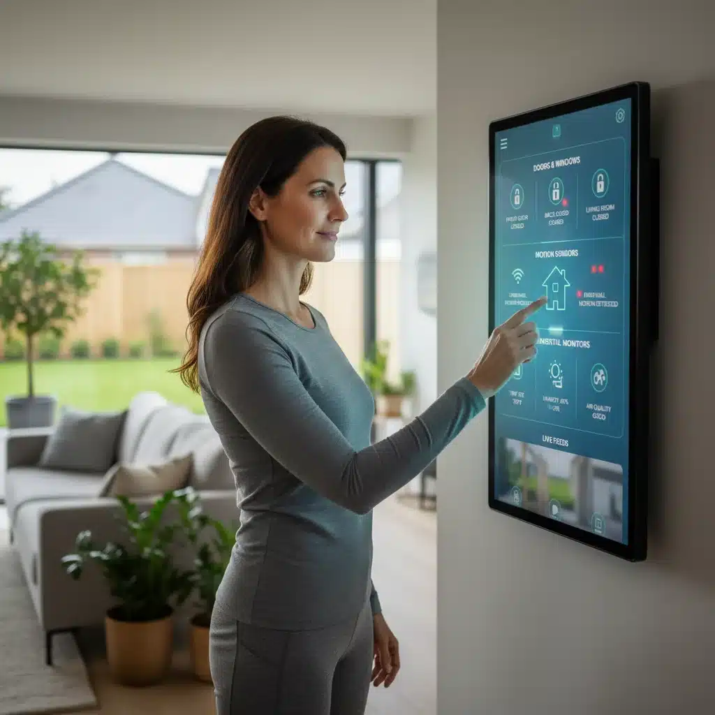 Homeowner interacting with a smart home security hub dashboard