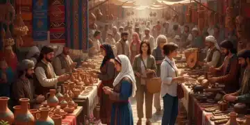 Vibrant traditional crafts market with artisans and customers