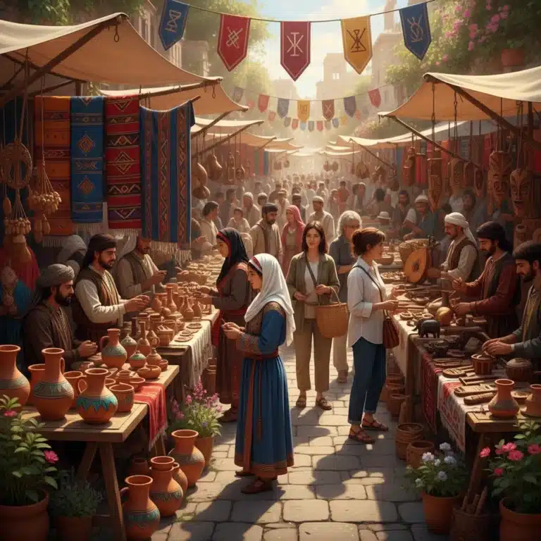 Vibrant traditional crafts market with artisans and customers