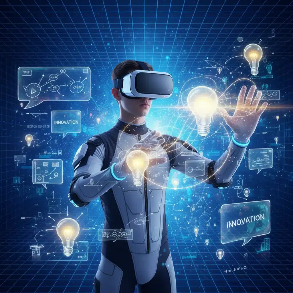 Person using VR headset for virtual reality brainstorming, interacting with holographic ideas.