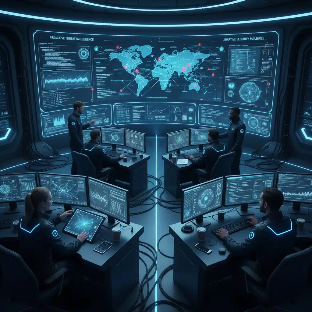 Cybersecurity team implementing adaptive security measures against emerging quantum threats.