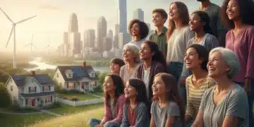 Diverse individuals contemplating a modern, evolving American Dream with a blend of traditional and futuristic elements.