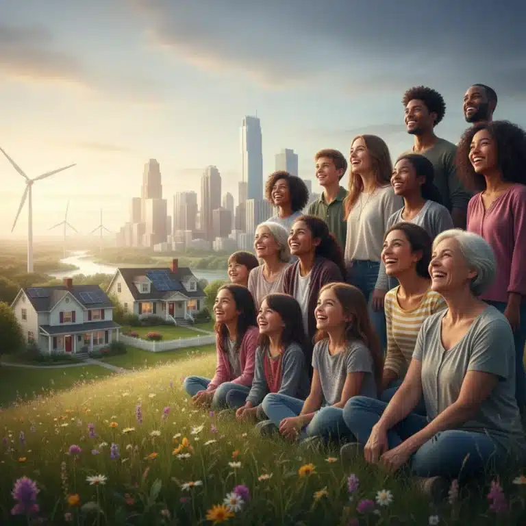 Diverse individuals contemplating a modern, evolving American Dream with a blend of traditional and futuristic elements.