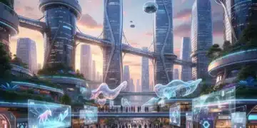 Futuristic cityscape with diverse people enjoying interactive experiences, symbolizing the experience economy in 2026.
