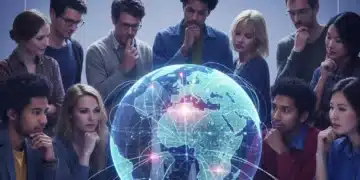 Diverse Americans observing a digital globe, symbolizing global events shaping cultural values.