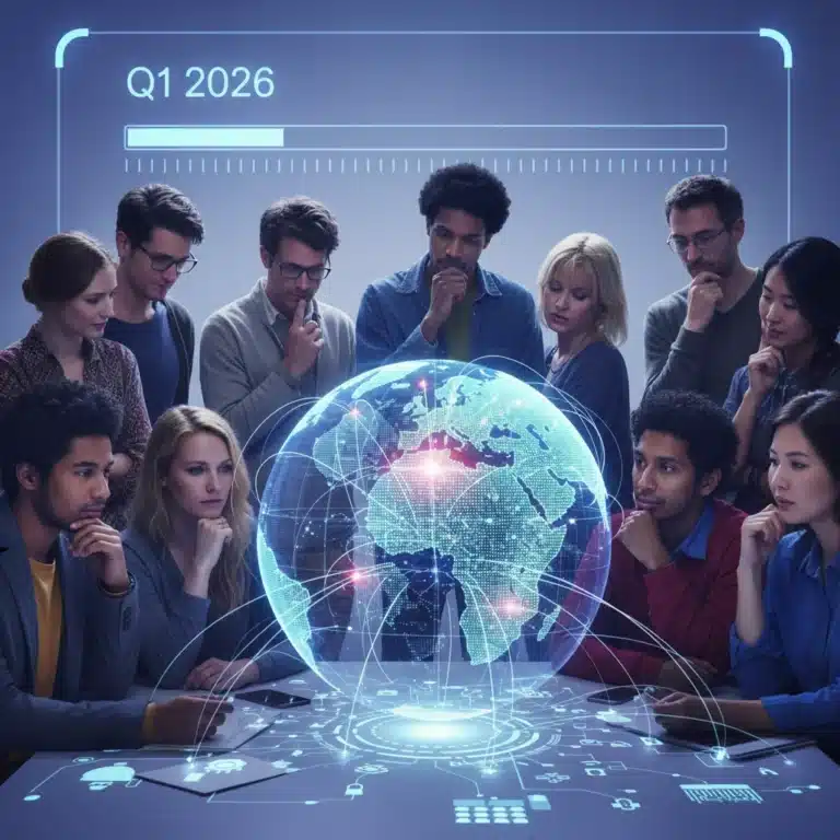 Diverse Americans observing a digital globe, symbolizing global events shaping cultural values.