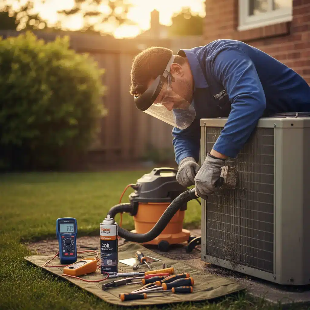 HVAC technician inspecting and cleaning an outdoor air conditioning unit for spring maintenance.