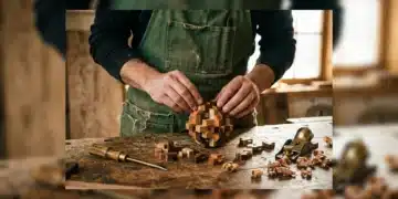 A person in a green apron assembling an intricate wooden puzzle on a rustic workbench, surrounded by hand tools and wood shavings, bathed in warm natural light, symbolizing creative problem-solving.