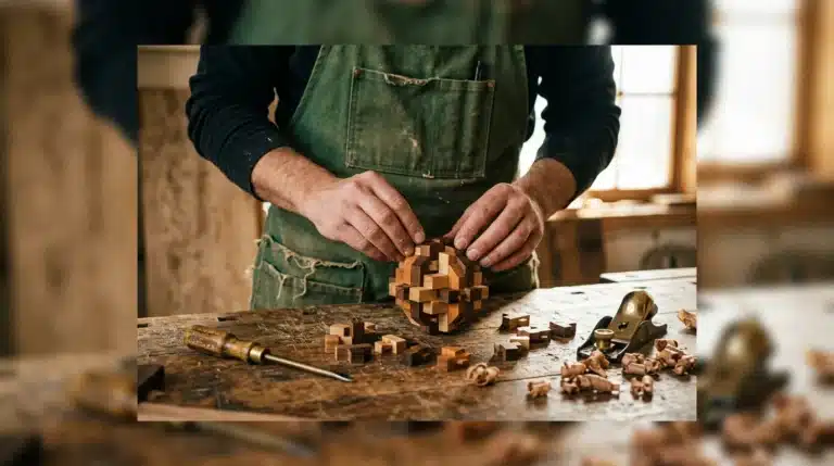 A person in a green apron assembling an intricate wooden puzzle on a rustic workbench, surrounded by hand tools and wood shavings, bathed in warm natural light, symbolizing creative problem-solving.