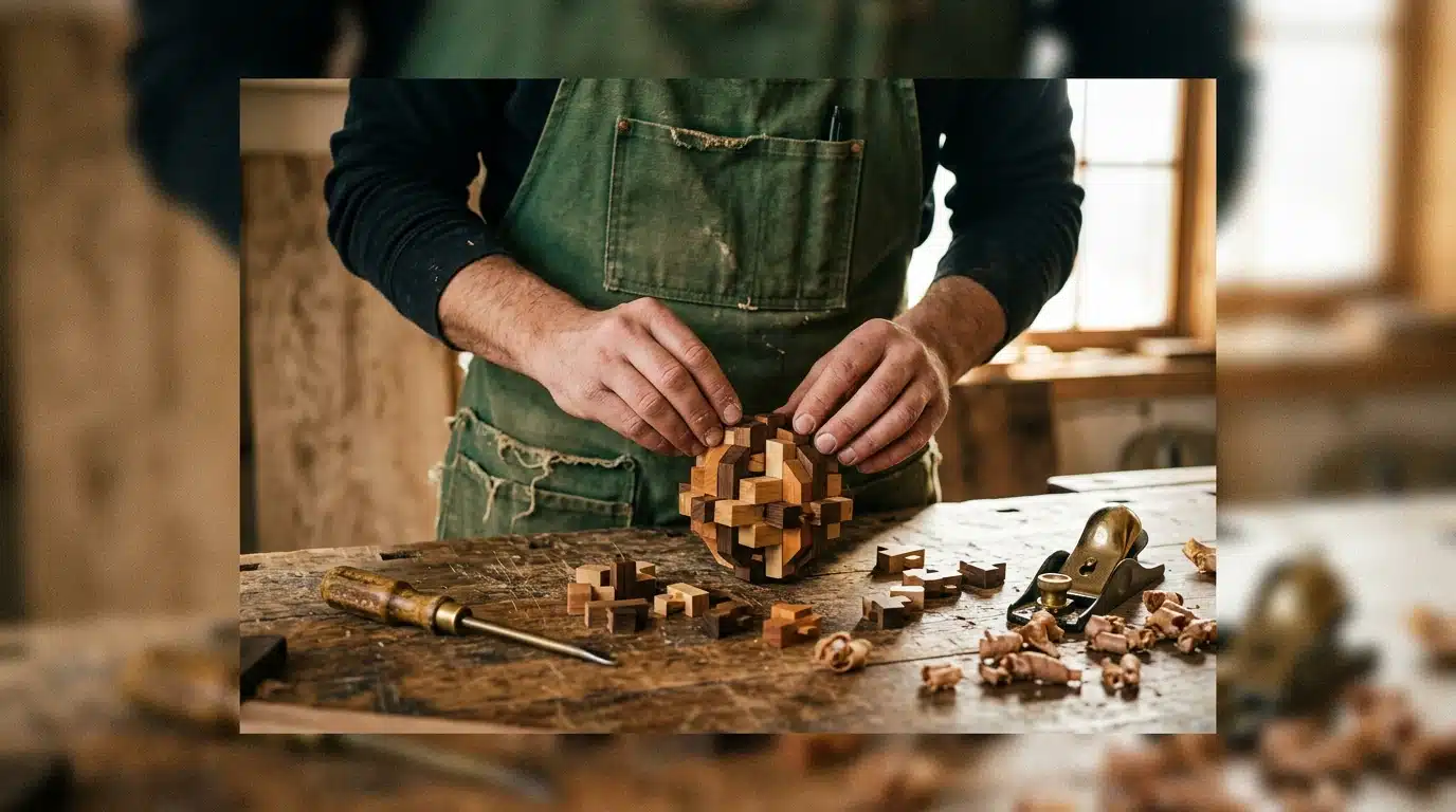 A person in a green apron assembling an intricate wooden puzzle on a rustic workbench, surrounded by hand tools and wood shavings, bathed in warm natural light, symbolizing creative problem-solving.