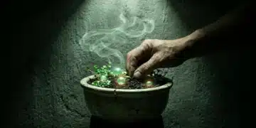 A person's hand tending a miniature garden where glowing emerald orbs represent creative ideas, rich soil represents cultural insights, and swirling vapor represents future trends, all shaping modern living.