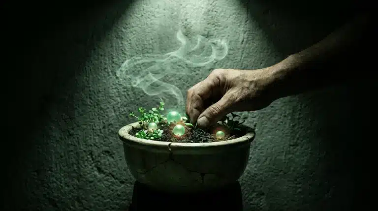 A person's hand tending a miniature garden where glowing emerald orbs represent creative ideas, rich soil represents cultural insights, and swirling vapor represents future trends, all shaping modern living.