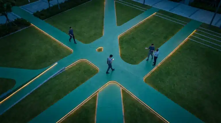 An aerial drone view of an urban park at twilight, with three people walking on interconnected green geometric pathways, illuminated by amber LED strips, symbolizing modern interconnected living.
