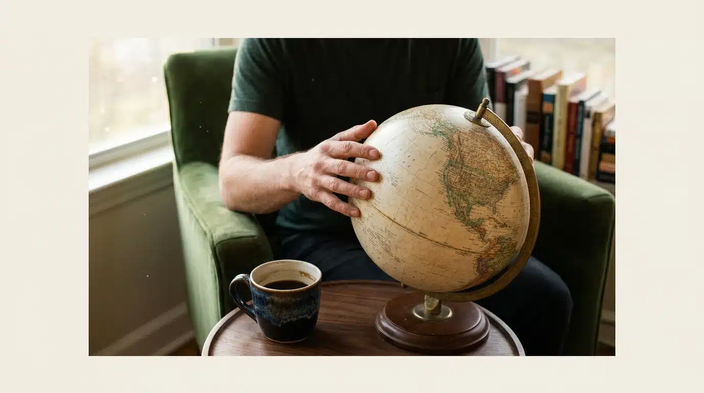 A person tracing lines on a vintage globe, symbolizing the interconnectedness of ideas, culture, and future in modern living, with colorful books in the background.