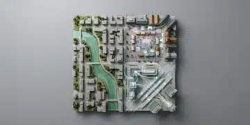 Aerial view of a complex urban model representing the integration of creative ideas as a green river, cultural insights as shimmering projections, and future trends as illuminated pathways.