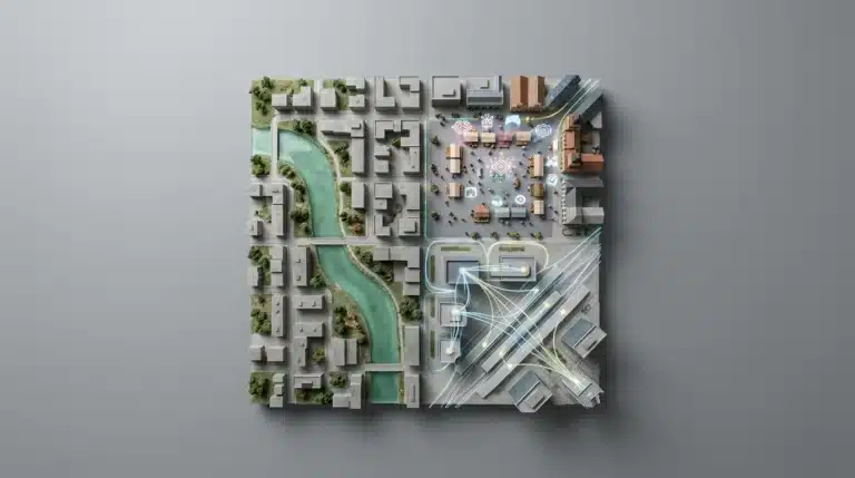 Aerial view of a complex urban model representing the integration of creative ideas as a green river, cultural insights as shimmering projections, and future trends as illuminated pathways.
