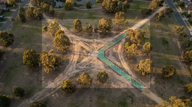 Aerial view of an urban park at golden hour, showing three old, worn dirt paths intertwined, with a new, geometrically patterned path made of iridescent green glass tiles cutting a fresh trajectory through them, symbolizing true innovation versus imitation.