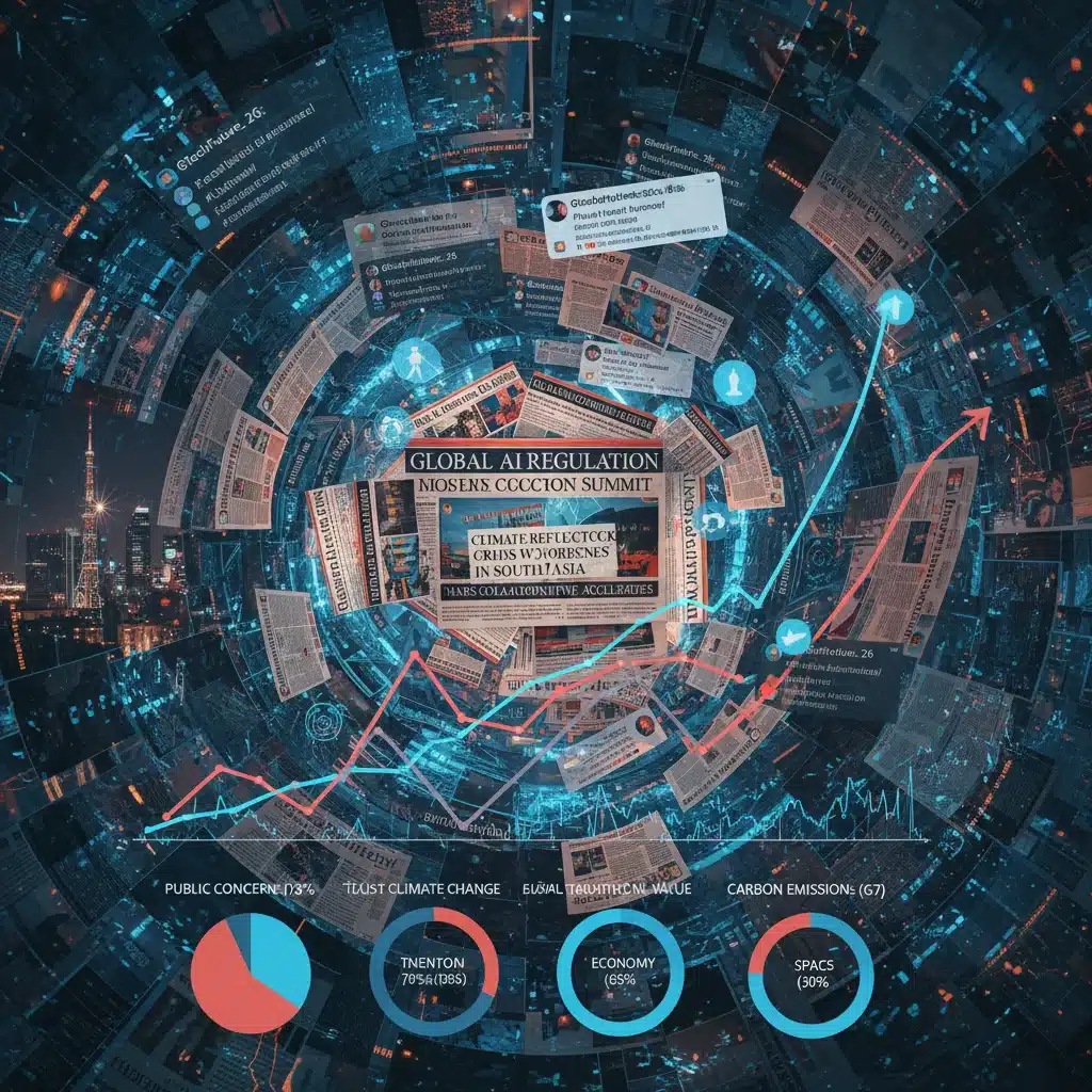 News headlines and social media feeds illustrate global crises and technological impact on public opinion.