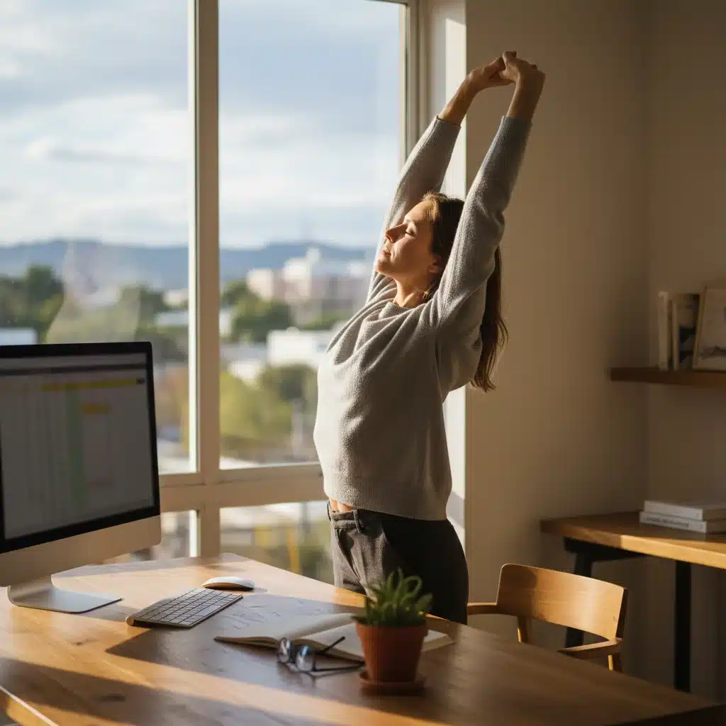 Person taking a mindful break from work in a home office