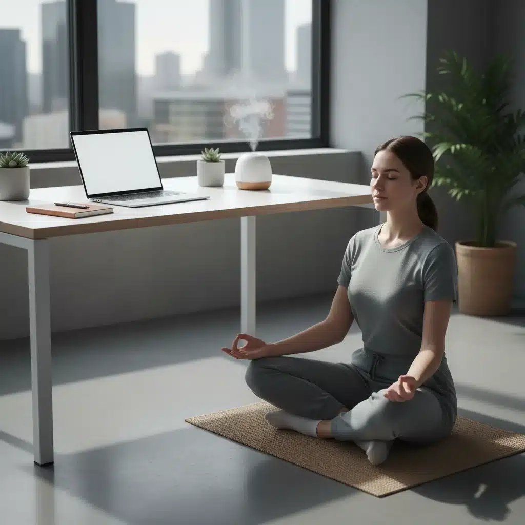 Mindful leader meditating in modern office for creative insight