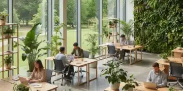 Modern office with biophilic design elements, integrating nature for enhanced well-being.
