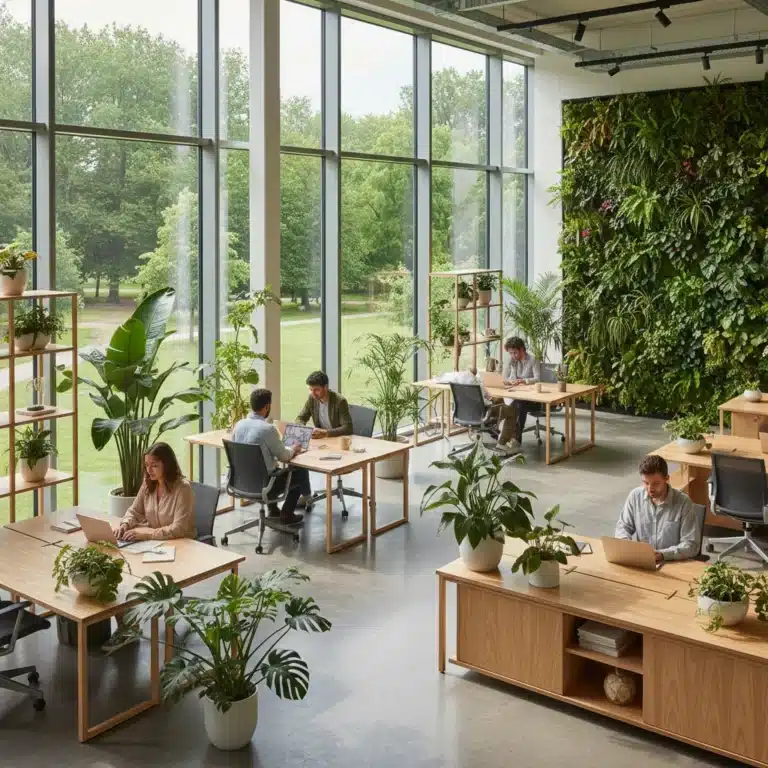 Modern office with biophilic design elements, integrating nature for enhanced well-being.