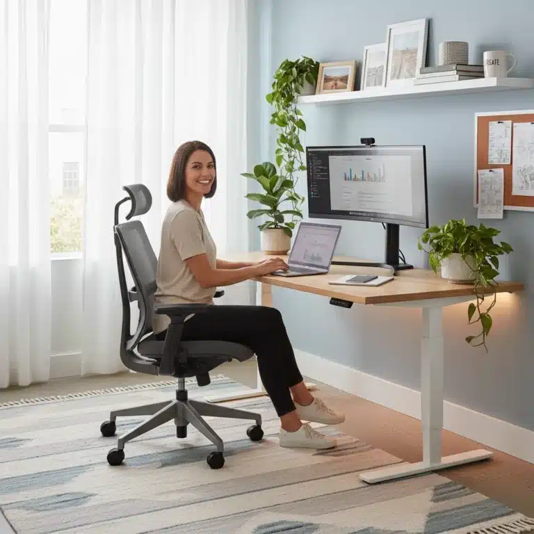Modern personalized home office with ergonomic setup and natural light
