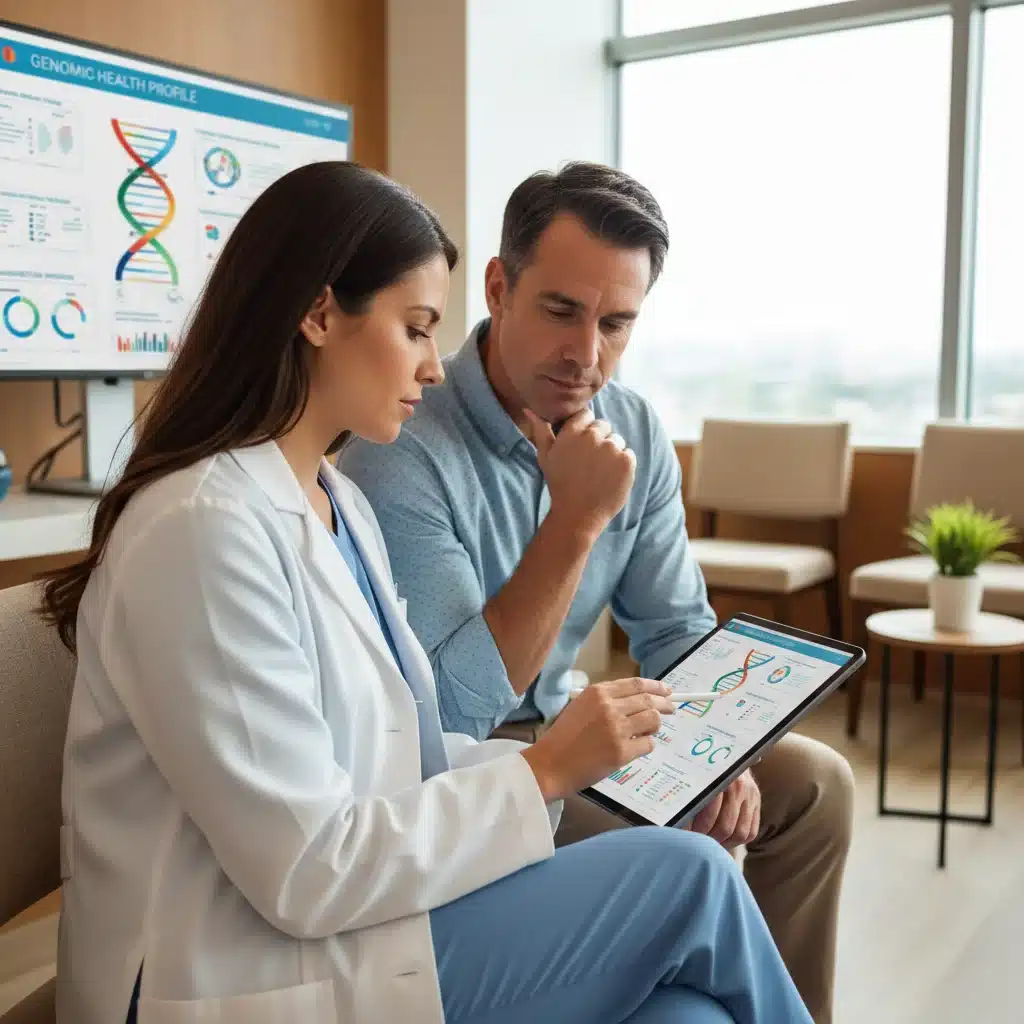 Doctor and patient discussing personalized genomic health data.