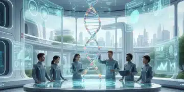 Futuristic personalized medicine display with genomic data and healthcare team.
