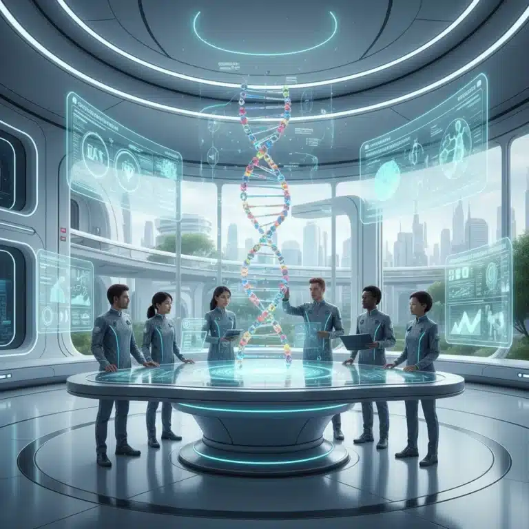 Futuristic personalized medicine display with genomic data and healthcare team.